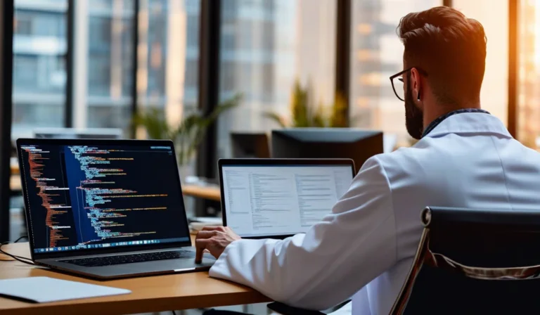 Researcher reviewing clinical data on dual monitors