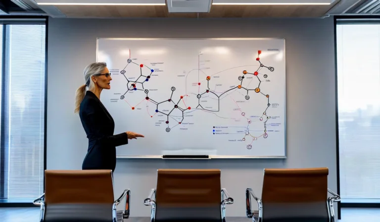 Biotech founder presenting at whiteboard with molecular diagrams